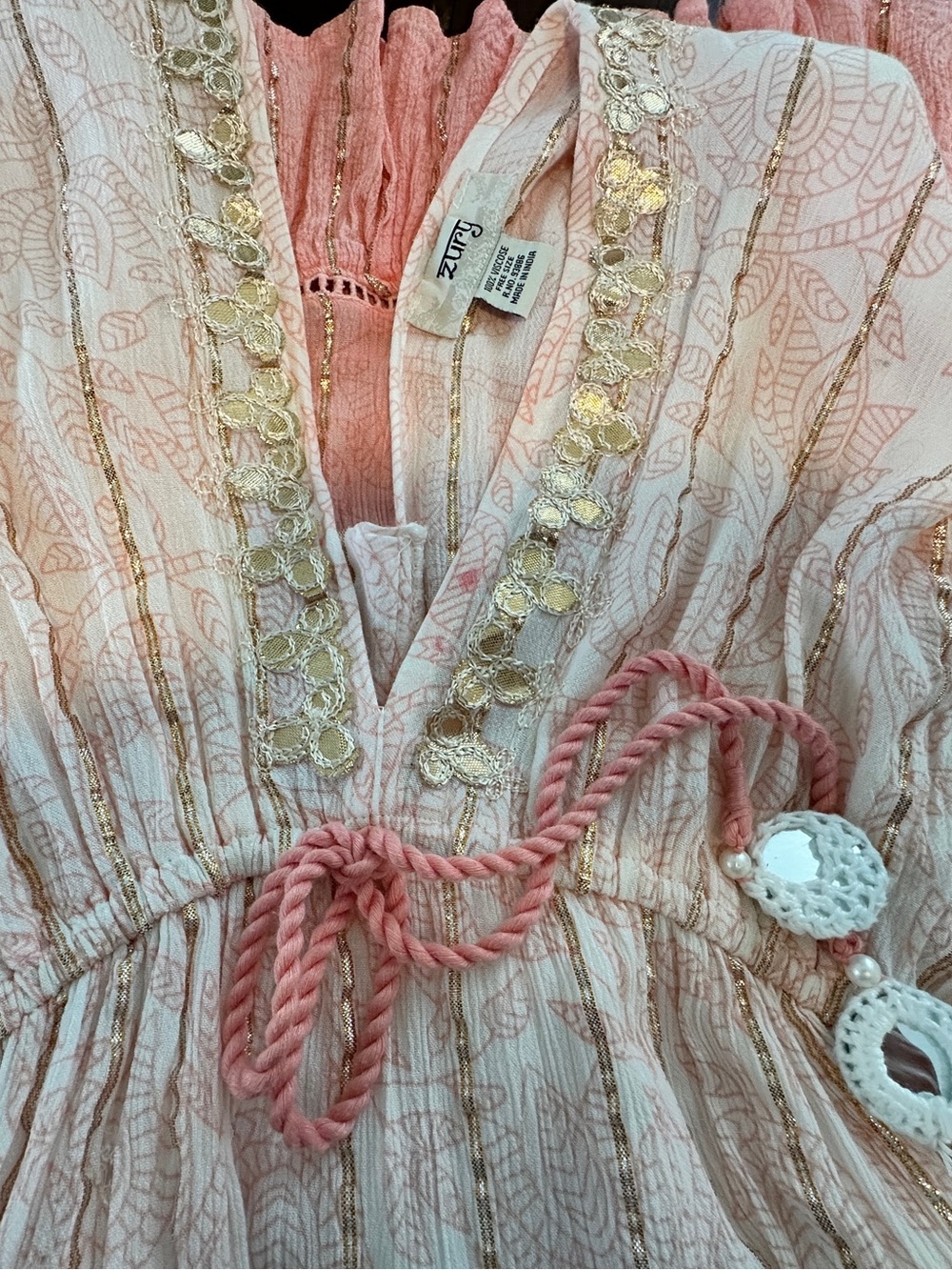 ZURY Boho Tassel Tie Pink Ombre Dress with Gold Trim (S) - Picture 7 of 8